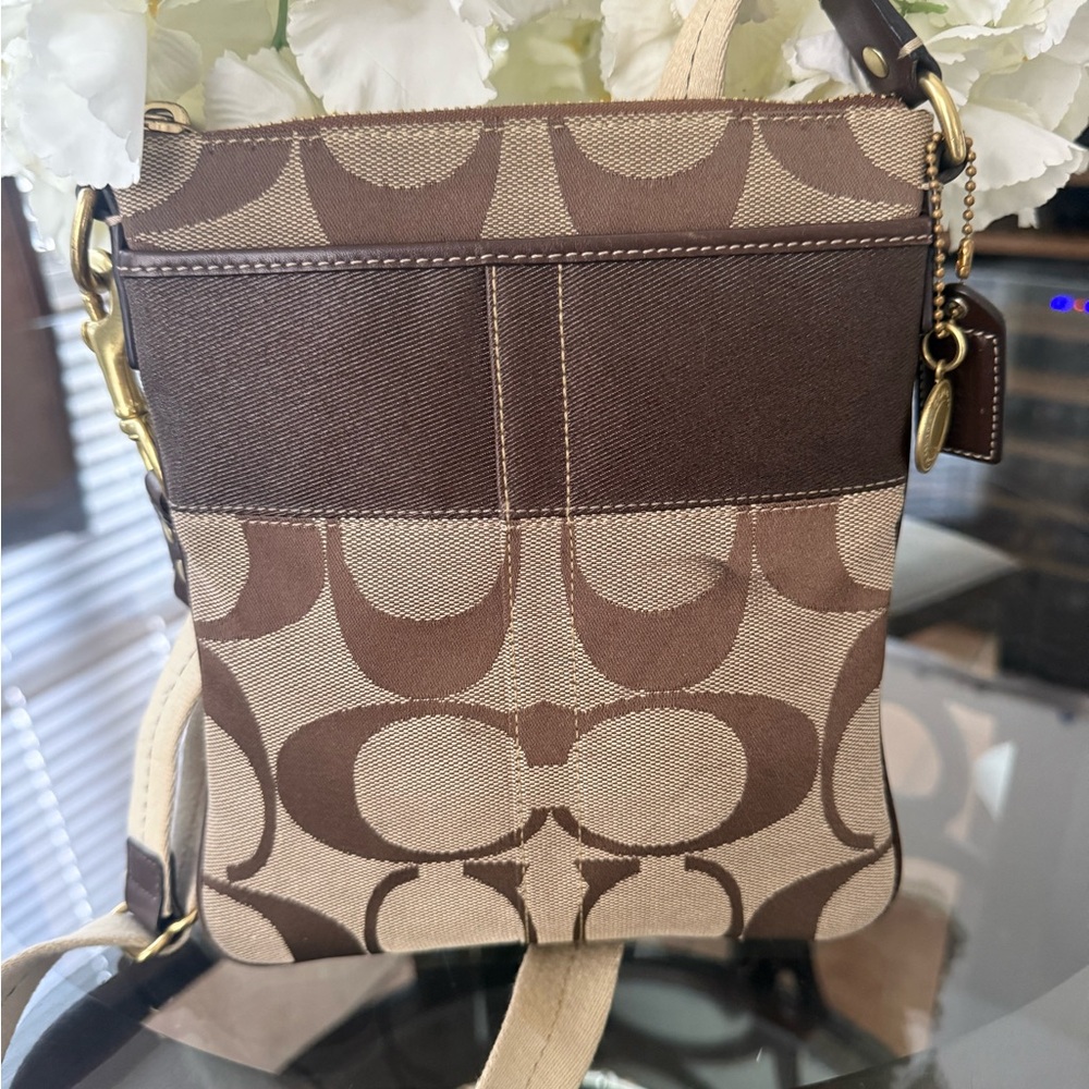 COACH Signature Stripe Swingpack Small Crossbody Bag Brown